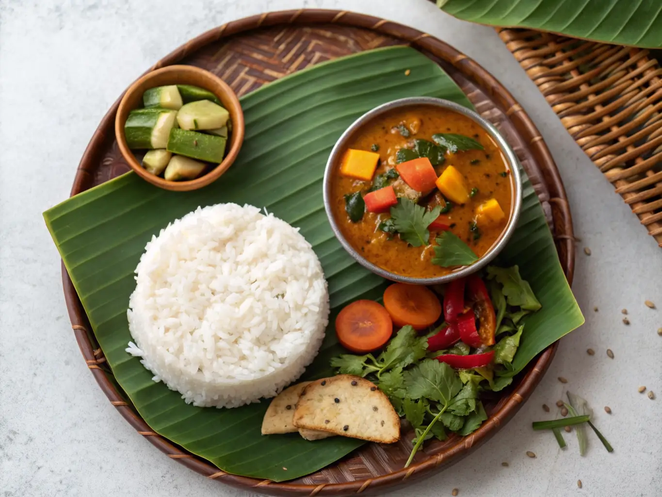 A balanced traditional South Indian meal with rice, sambar, and vegetables, following the Native Plate Blueprint.